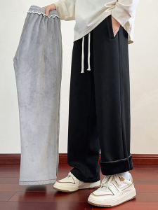 กางเกงลำลองชายหนาขนแกะ กางเกงขายาวทรงหลวมสีดำ กางเกงขายาวฤดูหนาว ทรงหลวม สไตล์สตรีท เอวยางยืด ทรงหลวม กางเกงขายาวทรงตรง