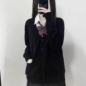 Áo Len Cardigan Dệt Kim Dài Tay Màu Xám Đậm Cho Nữ Mùa Xuân Thu Phong Cách Nhật Bản JK Áo Khoác Ngoài Thường Ngày Cổ Chữ V Một Nút