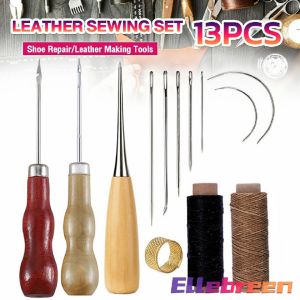 DIY Leather Sewing Kit Sewing needle set Wooden Handle Awl Wax Thread Sewing Awl