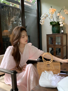 Elegant Pink Loose V-Neck Long Dress ZHUYIYI Korean Style High Waist Polyester Fiber Bubble Sleeve A-Line Summer New Arrival