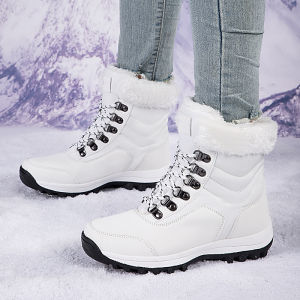 Womens Winter Thickened Fleece Lined Snow Boots Outdoor Skiing Waterproof Non Slip High Top Casual Leather Booties