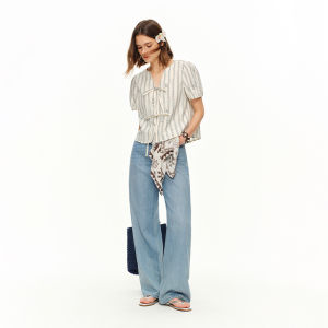 DUSHU | Cotton-Linen Striped Summer New Short Sleeve Beaded V-Neck Shirt