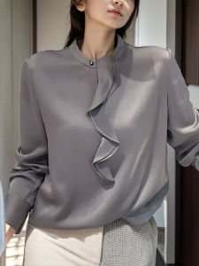 French Style Grey round Neck Tie Dressed Shirt Womens Fashionable Elegant Long Sleeve Autumn Top Simple Minimalist Clearance Sale