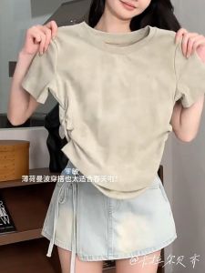 เสื้อยืดแขนสั้นทรงสลิมย้อนยุคสไตล์อเมริกันสำหรับผู้หญิง เสื้อมัดย้อมฤดูร้อนแบบใหม่ ทรงสั้น ผ้าฝ้ายยืดหยุ่น