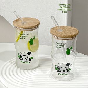 Chinese Panda Bamboo Joint Cup Children New Arrival 2023 Beautiful Glass Simple Milk Cup For Home Cup with Straw Water Cup