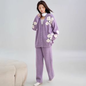 miiow | Cat Person Womens Sleepwear Half Fleece Casual Home Clothes Outerwear Autumn Winter Warm Long Sleeve V Neck Floral Pattern