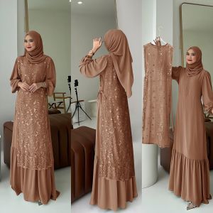 Maxi Sintia/Set Gamis tile mutiara satin/Bordir tebel seleting depan atau busui Gaun muslim wanita 2in1