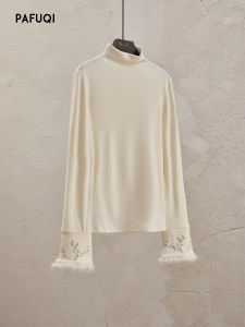 PAFUQI | Áo Blouse Cổ Trụ Dài Một Phần Được Đính Lông Chồn Phong Cách Trung Quốc
