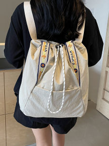 Womens Dual-Shoulder Single-Shoulder Canvas Backpack Drawstring Commuter Travel Bag Large Tote Bag Soft Nylon Fabric
