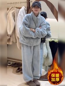 Womens Home Clothes Set Thickened Flocking Polar Double-sided Coral Velvet Two-piece Set Long Sleeve Sleepwear Winter 2024
