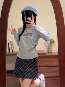 Cute Cartoon Print Long Sleeve round Neck Short T-Shirt Womens Fashionable Korean Style Sweet Girl Not Show Belly Autumn New Arrival