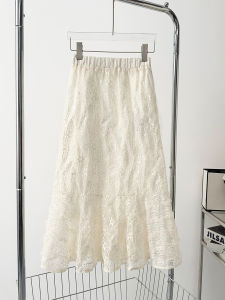Elegant Lace High Waist Elastic Waist Half Body Skirt Slimming mid Length A-Line Fish Tail Womens Skirt Commute Style Pure Color