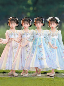 New 2025 Hanfu Spring Autumn Style Childrens Costume Set Super Fairy Dress Pink Girls Traditional Chinese Clothing Set