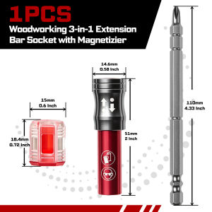 Geinxurn 1PC Woodworking 3-in-1 Extension Bar Socket with Magnetizier 1/4" Hex Quick Release Driver Bit Holder