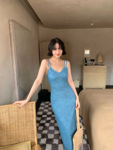 Váy Dệt Kim Ôm Vừa Vặn Kiểu Pháp Cổ Điển Mùa Xuân Hè Mới Về Thiết Kế Hai Dây Váy Midi Cổ Tròn Dài Tay Màu Trơn