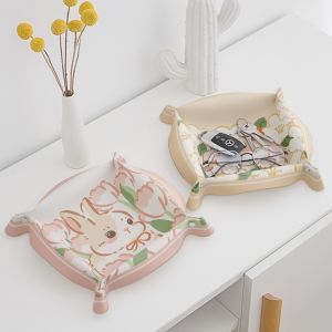 Ins Cute Bunny Leather Key Storage Tray Foldable Waterproof Removable Movable Sundries Storage Box for Entrance and Living Room