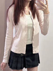 BrandyGirl American Retro Striped BM Open Cardigan T-Shirt Slimming Long Sleeve round Neck Outerwear Pink Color Street Style