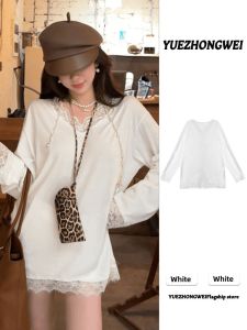 YUEZHONGWEI | White Lace Knit Long Sleeve T-shirt Oversized