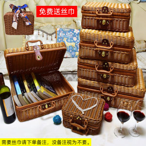 Retro Wicker Basket Handbag Picnic Storage Box Outdoor Photography Props Country Style Organizing Bin Handmade Grass Material