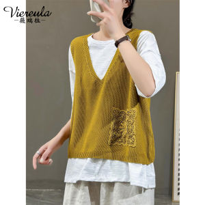 Retro Lace V-Neck Knitted Vest Casual Sleeveless Shoulder Pad Top for Women Spring 2025 New Style Commute Short Length Online Exclusive
