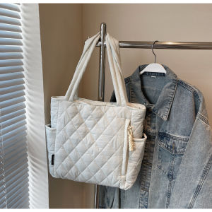 Casual Canvas Tote Bag Womens Large Capacity Commuter Shoulder Bag Versatile Grid Design Fall Winter New Style Handbag