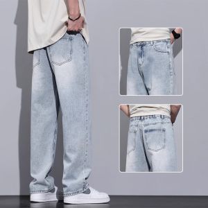 American Style Loose Fit Straight Leg Mens Jeans Retro Wash Casual Wide Leg Long Trousers Autumn Season Youth Fashion