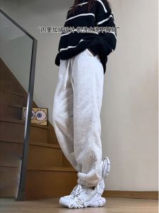 กางเกงวอร์มผ้าขนแกะบุขนแกะหนาสำหรับผู้หญิงในฤดูหนาว กางเกงขายาวทรงตรงแบบลำลอง ทรงสลิมฟิต กางเกงขายาวขนแกะสำหรับฤดูหนาว