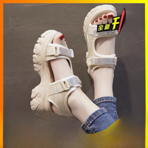 Casual Sporty Womens Sandals 2025 New Fashion Thick Heel Heightening Leisure Beach Shoes Elastic Band Closure Solid Color