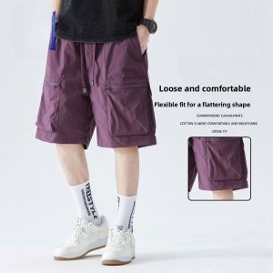 ROMON | Lormen Mens Straight Leg Workwear Shorts Ice Silk Thin American Sport Casual Loose Five-Quarter Length Summer Pants