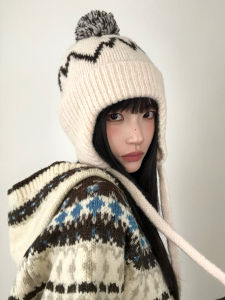 Korean Style Fair Isle Knitted Ear Protection Hat Large Head Size Winter Fashionable Versatile Woolen Cap for Teens And Adults