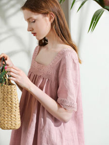 Miccbeirn | Pink Short Linen T-shirt Women Summer Hollow Out Square Collar Short Sleeve Lace Trim Princess Doll Shirt Casual Commute Style