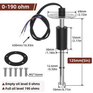 RYSJM | 150mm 200mm 400mm 600mm Fuel Level Sensor Stainless Steel 0-190 ohm Oil Tank Level Indicator Universal for Boat Car Fuel Meter