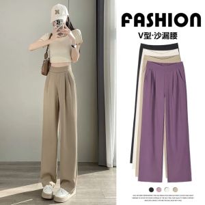 High Waist Wide Leg Pants Womens Summer Thin Loose Slim Straight Silk Ice Pants Casual High Waist Drapey Small Size Suit Pants