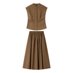 Vimly | Vintage Coffee Color Summer Outfit Set Waist Cinching Sleeveless Top and Skirt