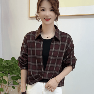 เสื้อเชิ้ตลายสก็อตทรงหลวมสำหรับผู้หญิง ชุดสองชิ้น แฟชั่นฤดูใบไม้ร่วง เสื้อเชิ้ตทรงเข้ารูป ดีไซน์เก๋ไก๋ ลดอายุ ใส่ได้หลากหลาย