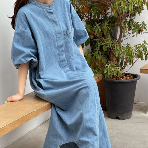 Summer Long Lantern Sleeve round Neck Denim Dress Womens Loose Casual Slimming Long Skirt Cotton H-Line Single Button Closure