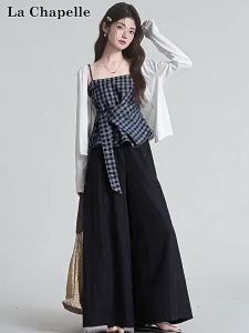 La Chapelle | Irregular Plaid Design Sleeveless Top Set Sun Protection Jacket Dungaree Vest Wide Leg Trousers