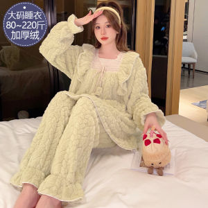 Thickened Coral Fleece Sleepwear Womens Sweet Lace Square Collar Home Clothes Set Autumn Winter plus Size Home Leisure Suit