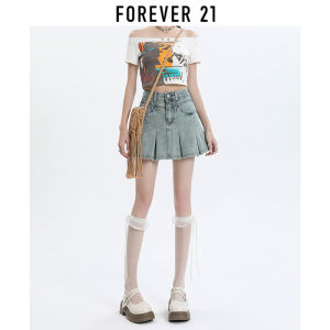 Forever21 | Chân Váy Jeans Ngắn Xếp Ly Cao Đài Màu Xanh Retro