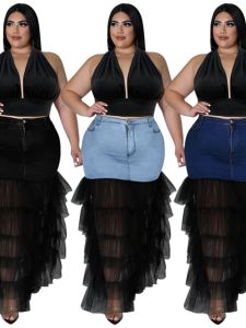 สูง เอว ขนาดใหญ่ประกบ เดนิม ตาข่าย กระโปรง ผู้หญิง พลัสไซส์ งานเย็บปะติดปะต่อครึ่งตัว กระโปรง S เรียบหรู ฤดูใบไม้ร่วง แฟชั่น