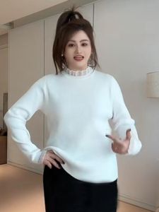 plus Size Knitted Base Shirt Womens Autumn Winter Loose Lace Splicing Half High Collar Top Comfortable Fit Korean Style