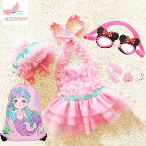 Cute Princess Swimwear for Girls Lace Mesh One-Piece Swimsuit Korean Style Childrens Bathing Suit Sweet Lace Swim Dress