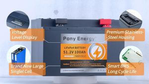 PonyEnergy 48V 100Ah LiFePo4 Battery 51.2V - 5120Wh with Voltage Display & Intelligent BMS Stainless Steel Case Lithium Iron Phosphate Battery