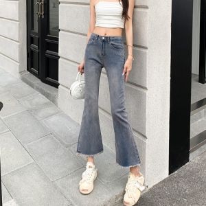 กางเกงยีนส์ทรงขาบานเอวสูงผ้าคอตตอนยืดบางสำหรับผู้หญิงในช่วงฤดูร้อน กางเกงขายาวทรงขาบานเอวสูงทรงหลวมสบายๆ ผ้าฝ้ายยืด