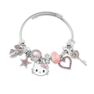 Sanrio | Hello Kitty Zinc Alloy Open Cuff Bracelet - Pink Rhinestone Charms Adjustable Wire Bangle Kawaii Jewelry for Girls & Women