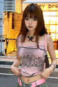 Áo Ba Lỗ Không Tay Ngắn Pure Desire Design Sensation Ngọt Ngào Mát Mẻ Cho Nữ Mùa Hè Màu Hồng Ren Viền Xếp Nếp Áo Ngắn Hở Vai Thời Trang