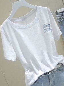 LINGLONGDAI | White Cotton T-Shirt Womens Short Sleeve Round Neck Loose Fit Summer Basic Style Body Slimming Top Comfortable Breathable