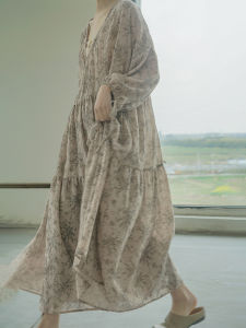 Floral Print Cotton Linen Dress Women Summer Long Skirt Elegant French Style Retro Chinese Culture Anti-Aging Tea Break Travel