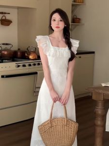 French Style Gentle Ruffles Waist-Controlled Lace-up Sleeveless Dress Summer New Arrival Womens Clothing Sweet First Date Slim White Dress