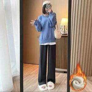 Fleece Wide-Leg Pants Womens Fall and Winter Pocket Corduroy High Waist Slimming Straight Pants Loose Drooping Plus Size Casual Pants Women